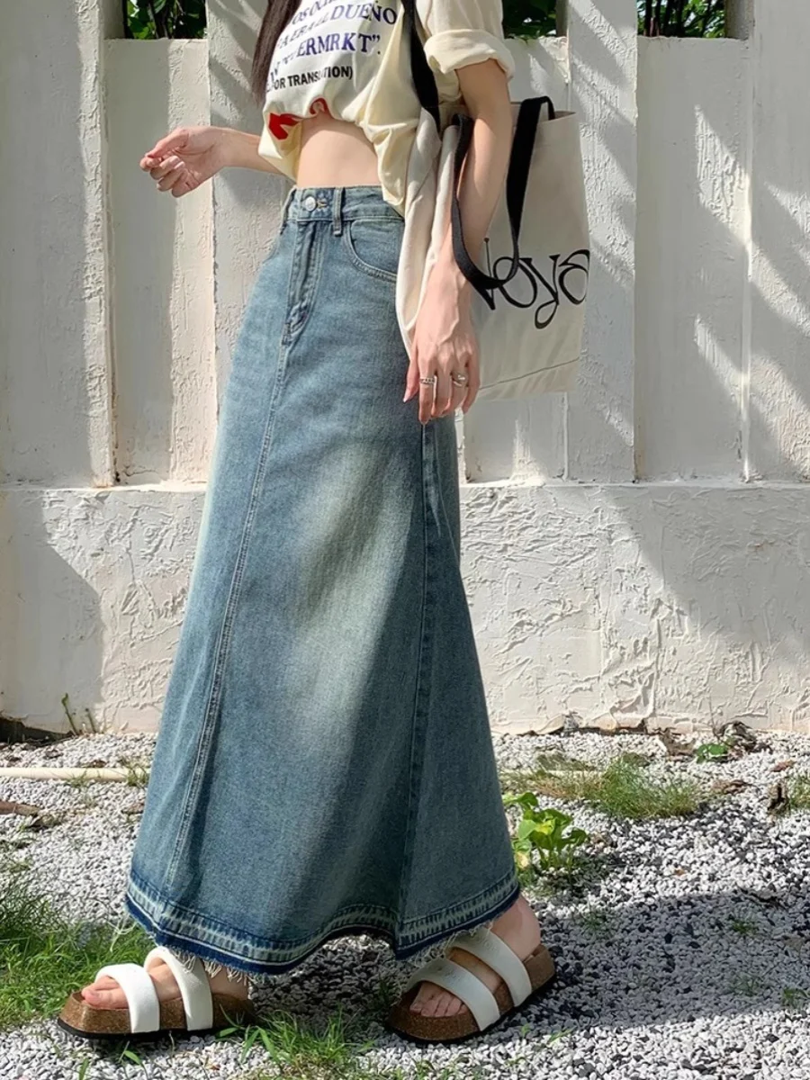 

Юбка-миди трапециевидной формы с высокой талией, женская джинсовая юбка с потертостями по подолу, летняя дизайнерская юбка больших размеров, корейская волна для поездок на работу, изношенная пуговица...