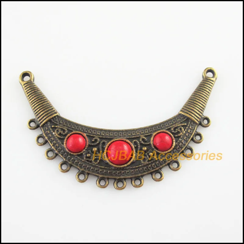 Fashion 2Pcs Antiqued Bronze Plated Moon Flower Red Stone Charms Pendants Connectors 40x67.5mm