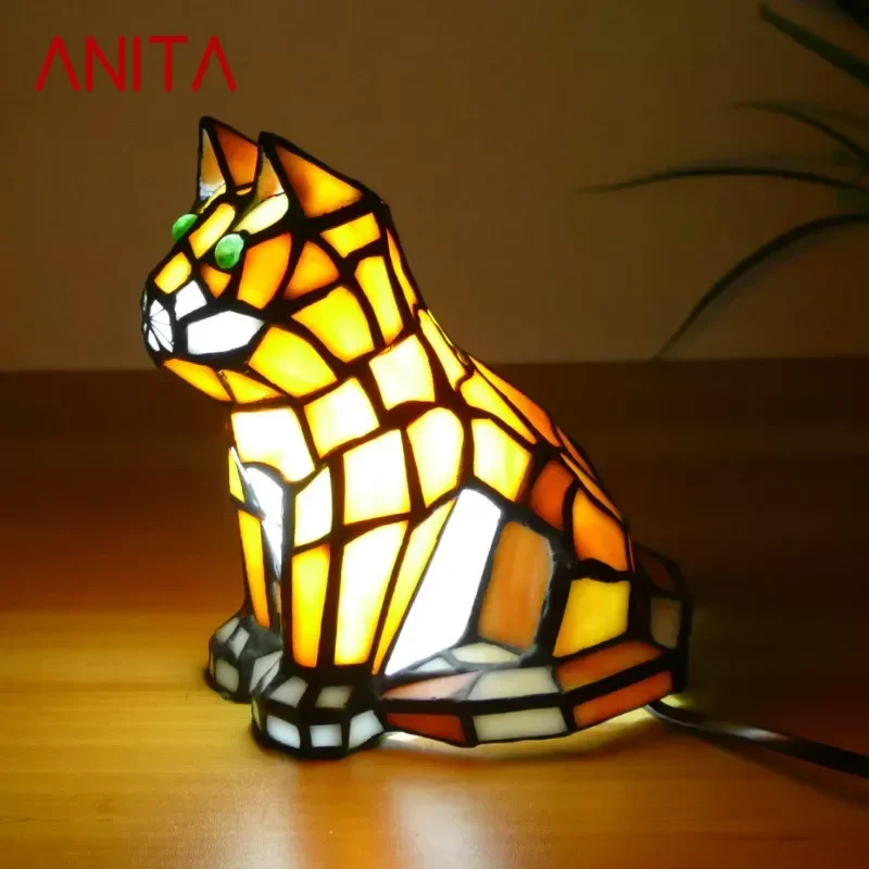 ANITA Tiffany Kitten Table Lamp Art Living Room Bedroom Children\'s room Homestay Stained Glass Decoration Desk Lamp