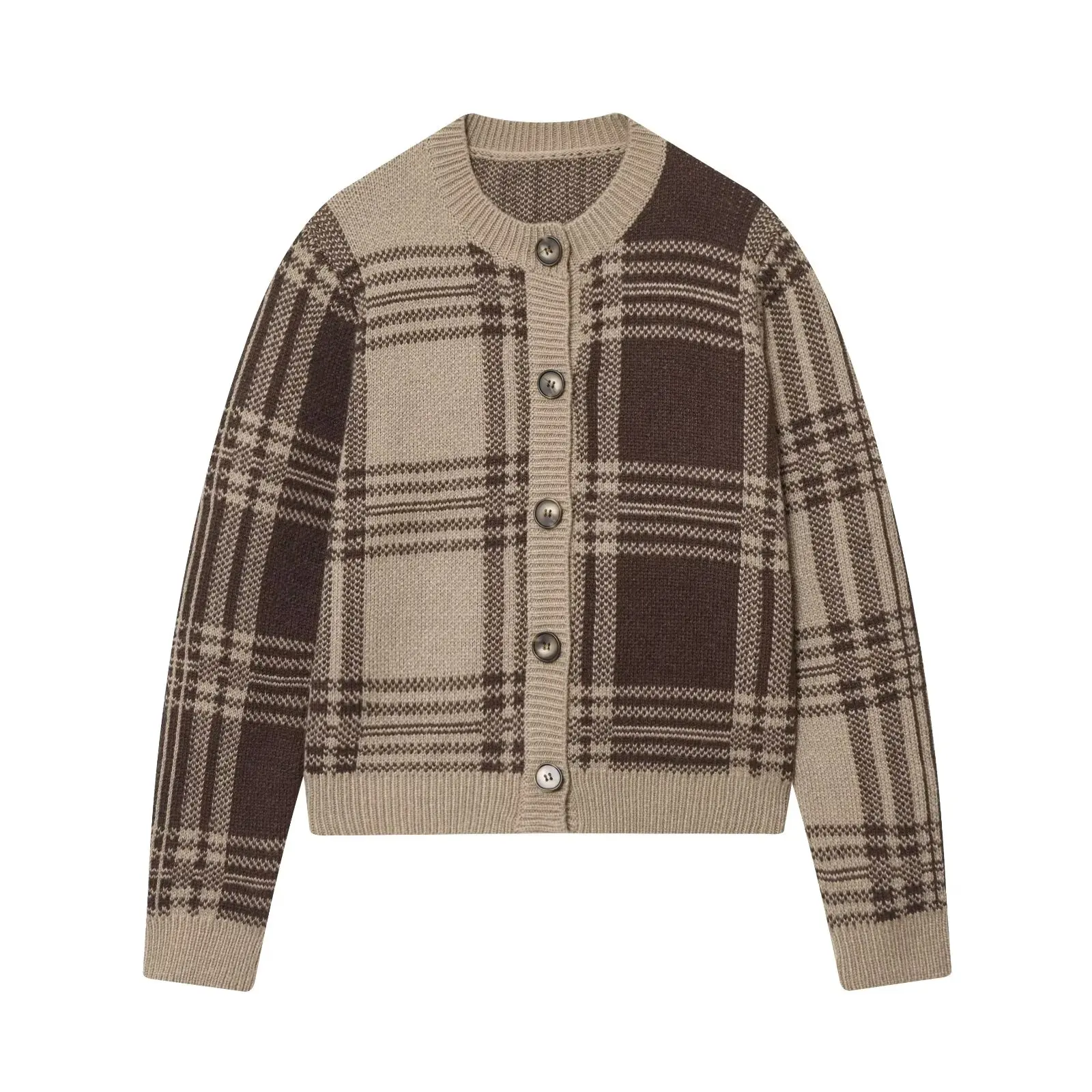 

DiYiG WOMAN 2025 Autumn New Fashion Plaid Knitted Cardigan Retro Long Sleeve Chic Round Neck Button Coat Outerwear Mujer