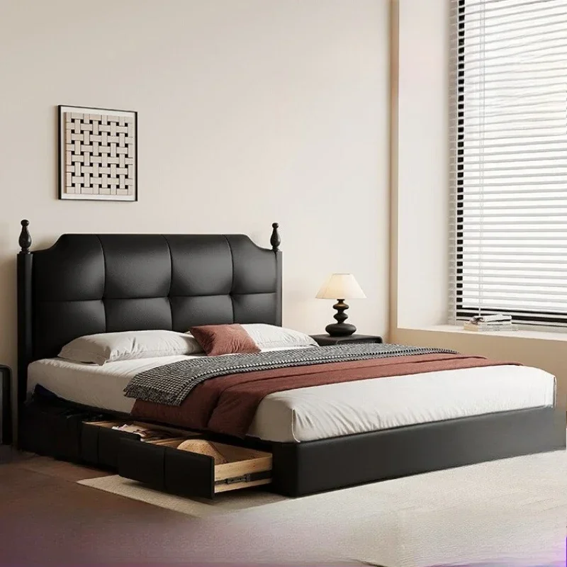 

Customized Lanmeng Bed Solid Wood Antique Retro French Storage Black Double Leather Bed Master Bedroom High-end Atmosphere
