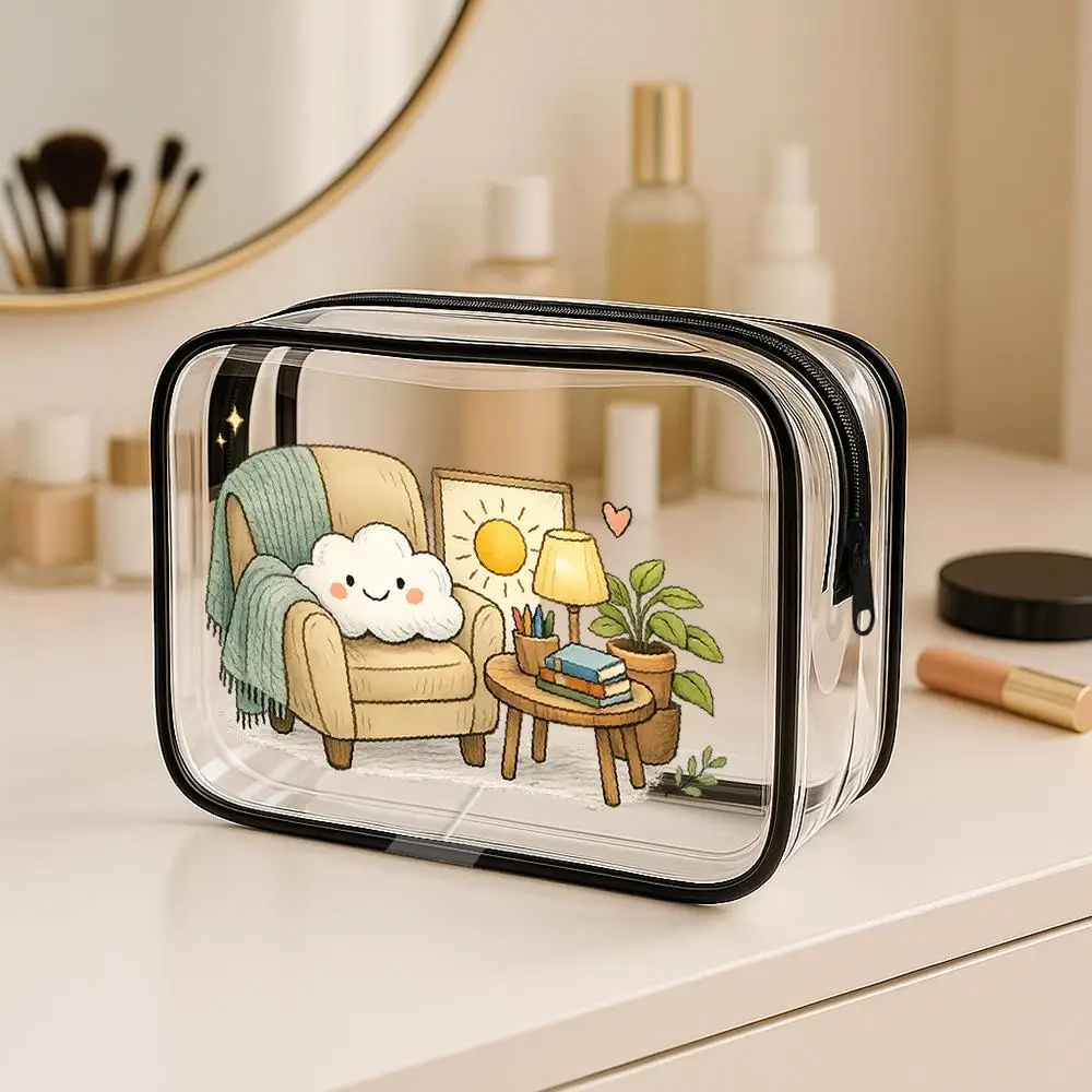 Toilet Bag Smiling Cloud Armchair Potted Plant Clear PVC Cosmetic Bag Kawaii Cozy Style Zippered Portable Pouch Travel Daily U