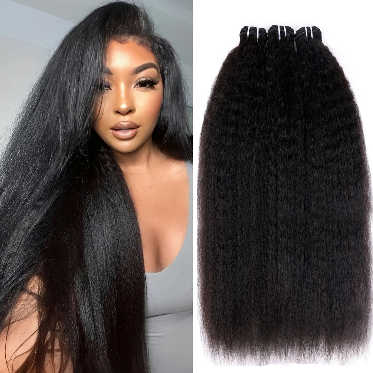 

Kinky Straight Hair Bundles 100% Human Hair Extensions Cheap Yaki Straight Hair 1/3/4 Bundle Deals Natural Hair Weave for Woman