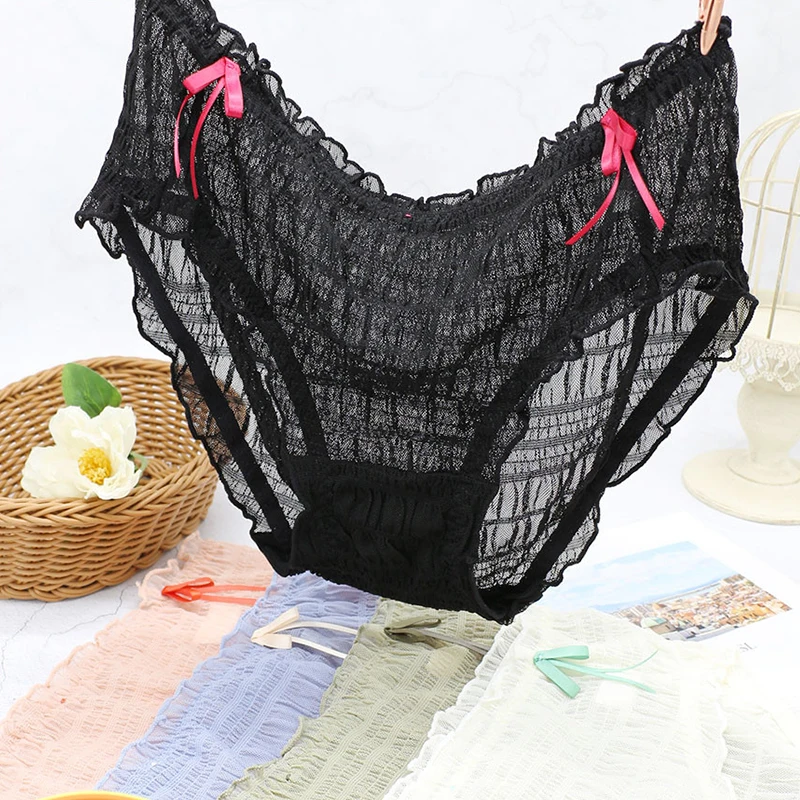 Large Size Underwear Women Panties Plus Size Briefs Sexy Lace Thin Transparent Mesh Bow Ruffles Panties Ladies Cotton Crotch