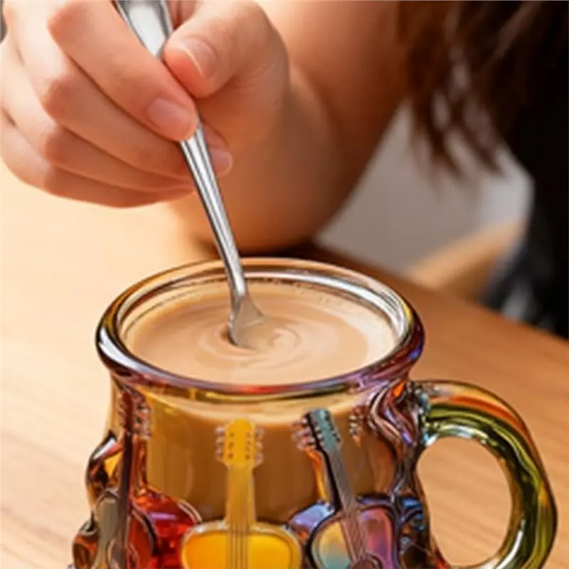 

VEHO-Colorful Guitar Design Coffee Mug, 3D Musical Instrument Pattern, Rainbow Glass Cup For Music Lovers