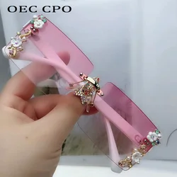 OEC CPO Ladies Flowers Rimless Sunglasses Brand Designer Fashion Sun Glasses Female Square Sunglasses Women UV400 Eyewear