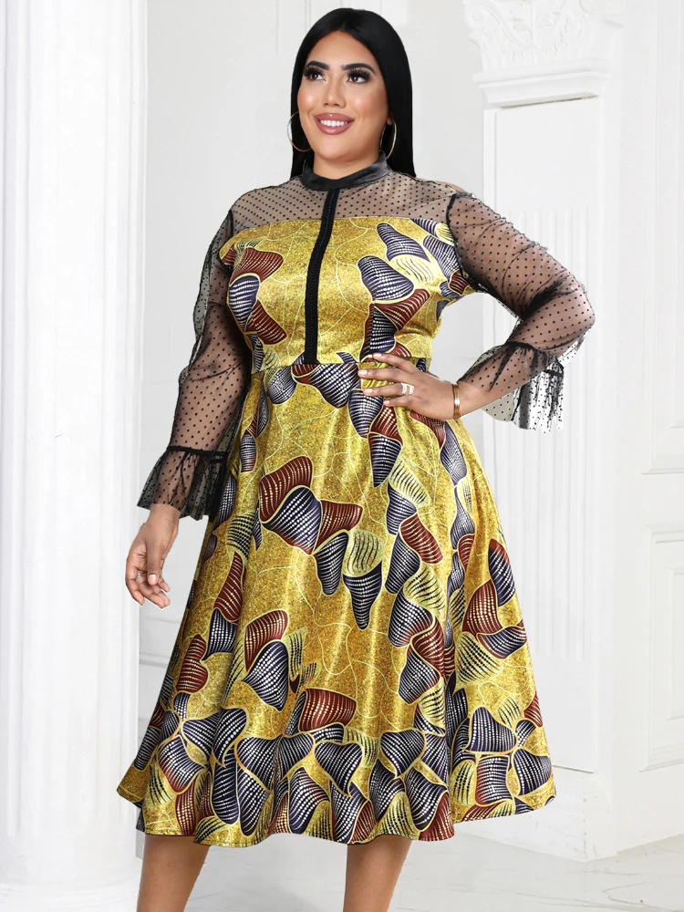 

A Line Dress for Women Black Printed Patchwork Long Tulle Sleeve High Waist Ball Gowns Casual Evening Party Outfits Summer 2023