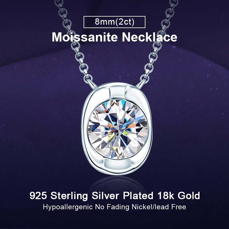 

IOGOU Unique Solitaire Diamond 8mm 2ct vvs1 Moissanite Pendant Necklace Real Silver Chain 925 for Women Trend Engagement Jewelry