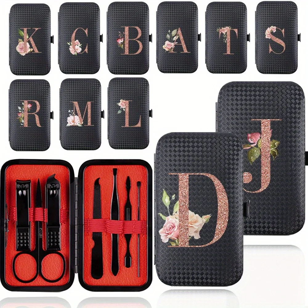 

Outdoor Nail Clipper with Portable Case 7pcs Stainless Steel Nail Clipper Set Women Eyebrow Beauty Tool Rose Gold Letter Pattern
