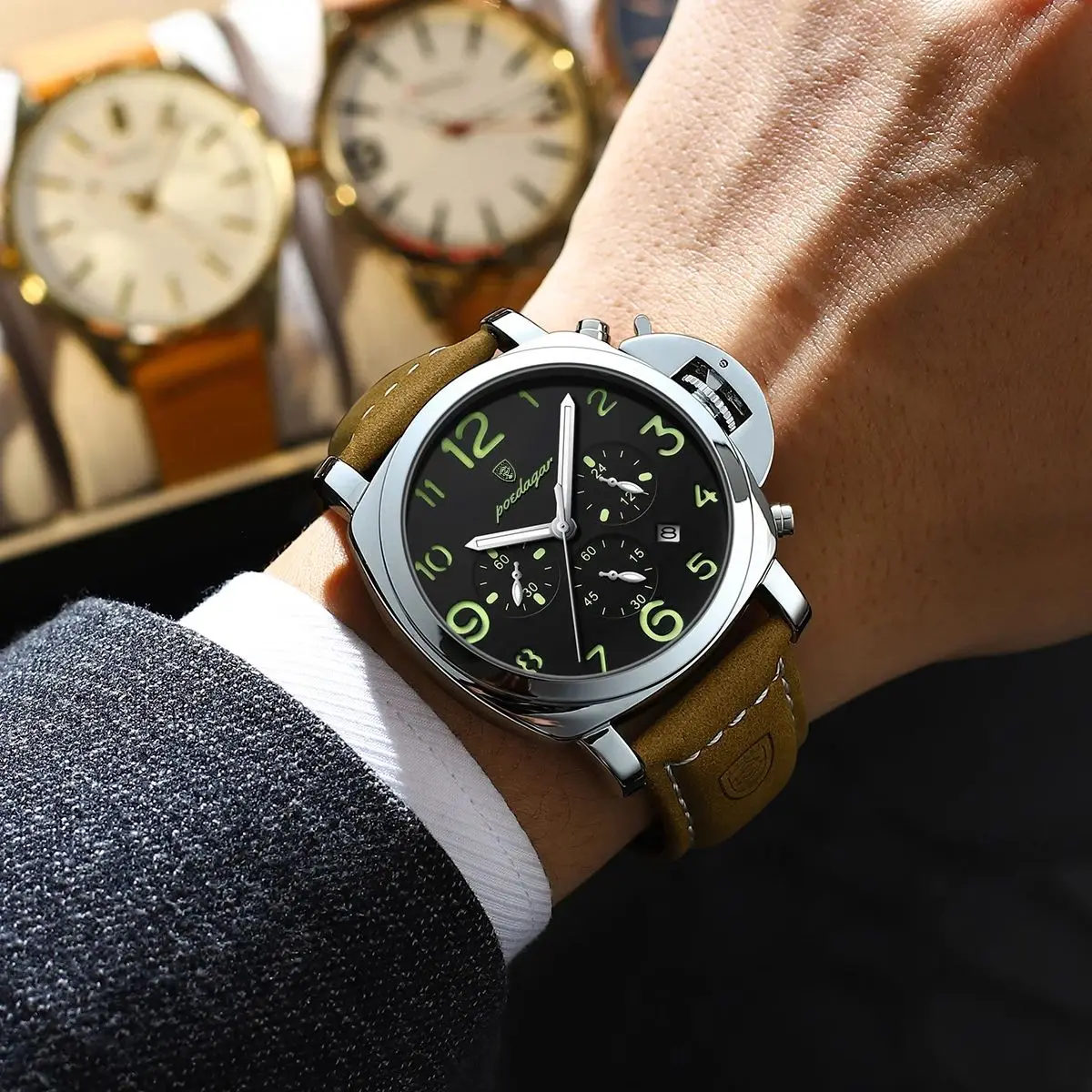 POEDAGAR-Montre Militaire de Luxe pour Homme, en Cuir Shoe, Étanche, à Quartz, de Haute Qualité, de dehors