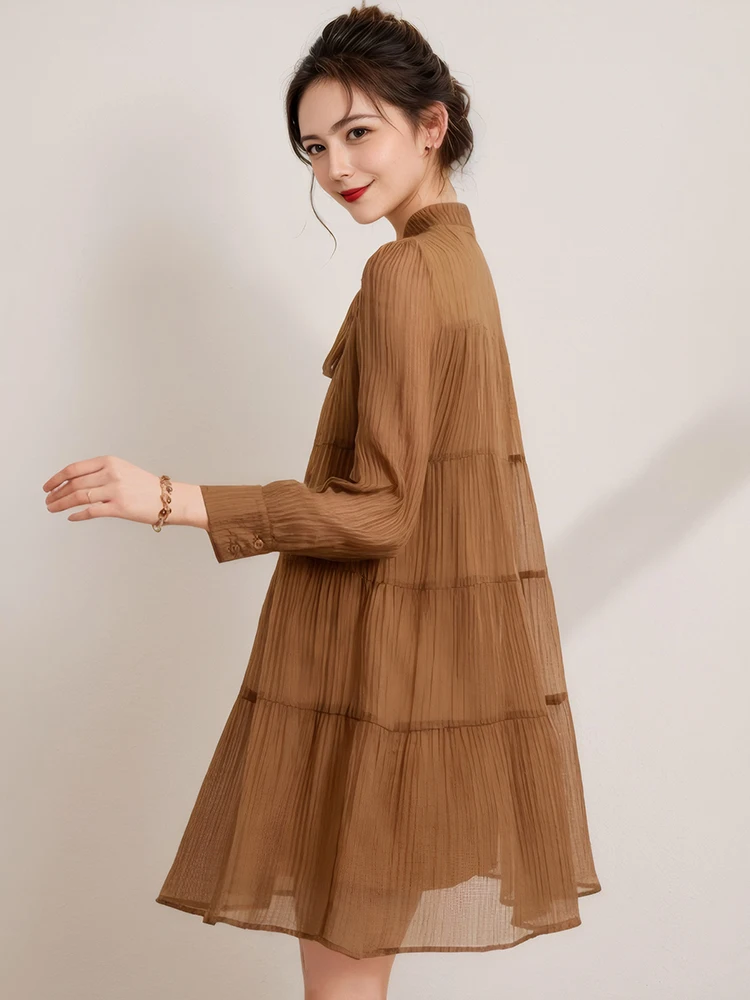 2025 New Black Chiffon Chic Bow Stand Collar Mini Dress Spring Summer Long Sleeve Bodycon Dress Women Elegant Casual Party Dress