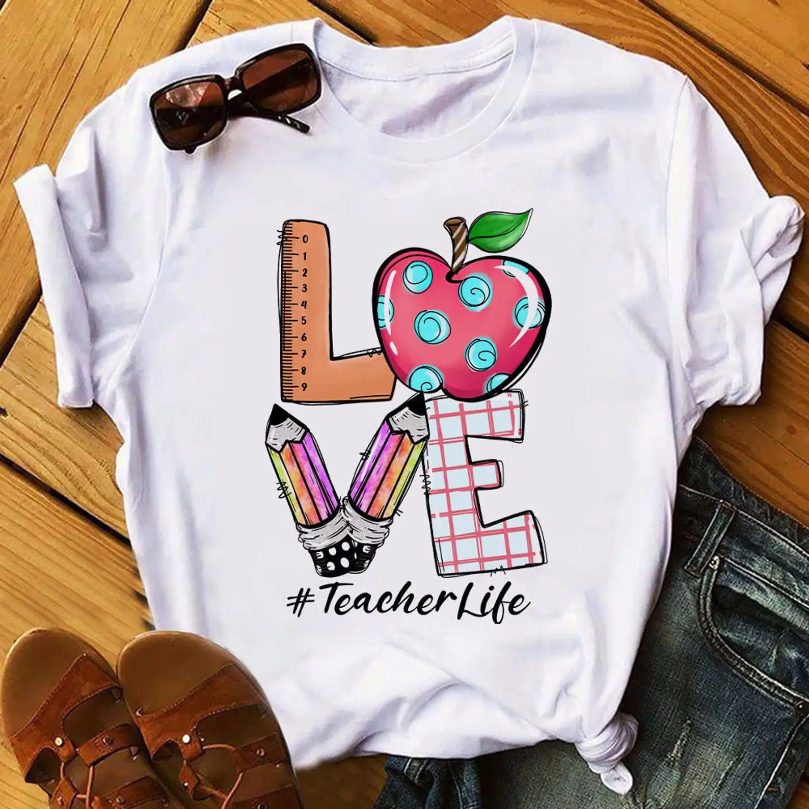 Teach Love Inspire Apple Tshirt Summer Men Women Fashion Vintage Graphic Tshirts Funny Cartoon Fruits Pattern Camisetas Tops Tee