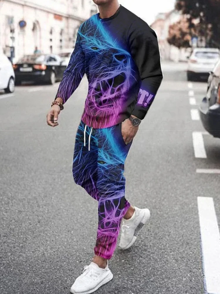 Spring And Fall Everyday Casual Long Sleeve T-shirt And Pants Men's Set Street Fashion Men's Long Sleeve T-shirt 3D Lion Print