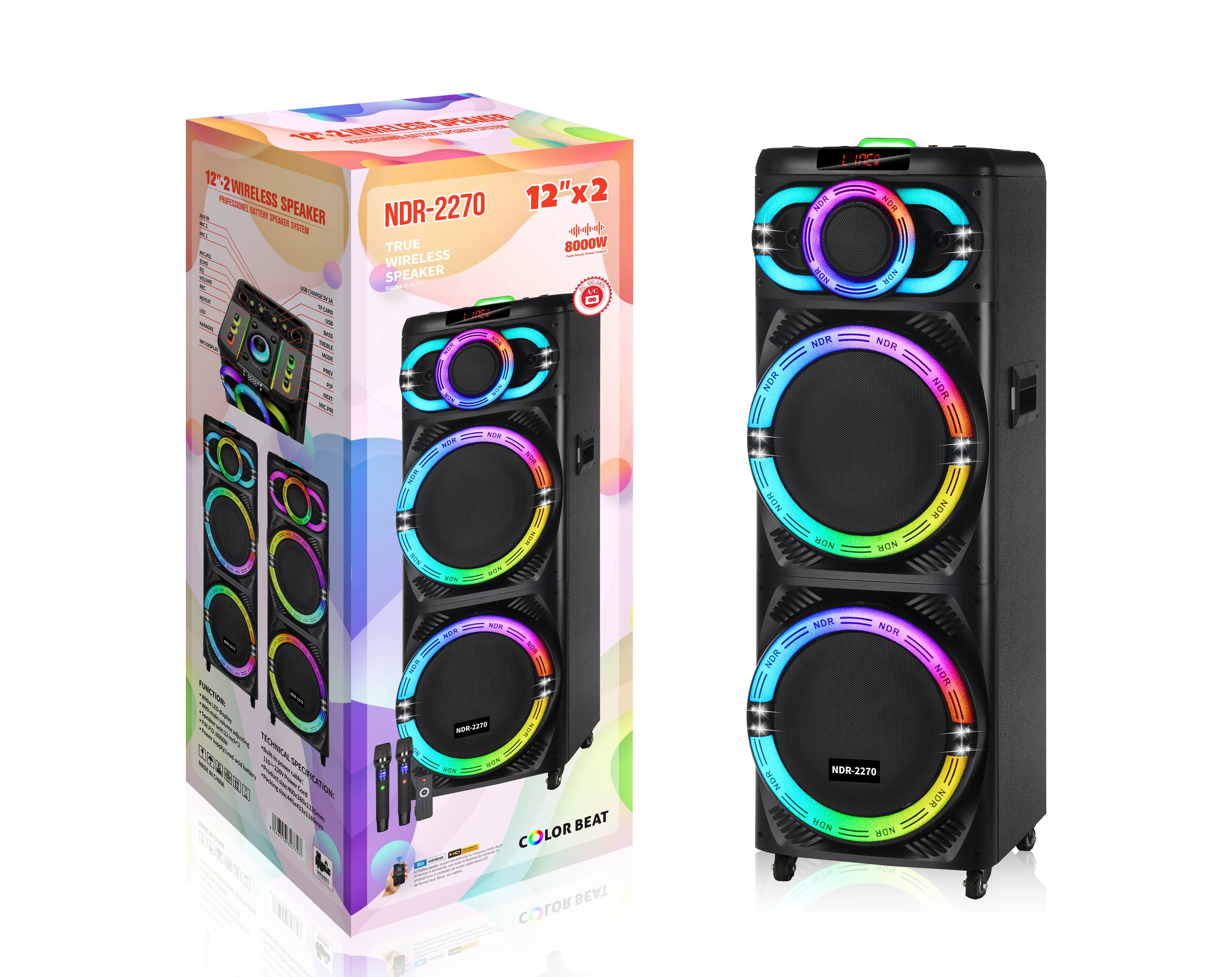 Модель NDR-2270, мощная двухдинамиковая колонка с двумя 12-дюймовыми вуферами, беспроводным микрофоном, RGB-подсветкой для караоке, прямые продажи с завода.