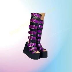 Mutilcolor Buckle Belts Mid Calf Boots Wedges High Heel Patent Leather Thick Soled Fashion Women Shoes 2024 Zapatos Para Mujere