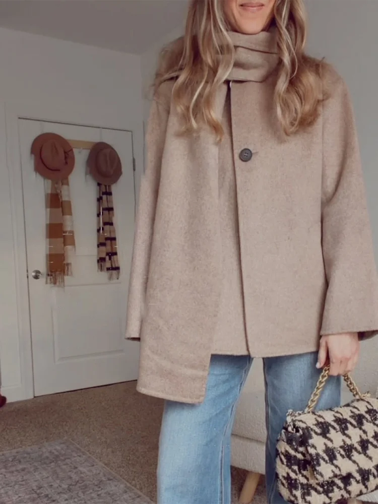 Casual Short Woolen Overcoat Women Full Sleeve Scarf Collar Dropped Shoulder Loose Coat 2026 Lady Fashion Daily Commute Jacket
