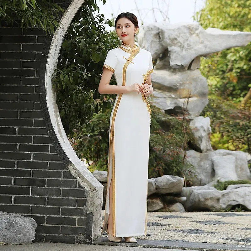 

Summer Satin Floral Mandarin Collar Qipao Elegant Party Gown 3XL-5XL