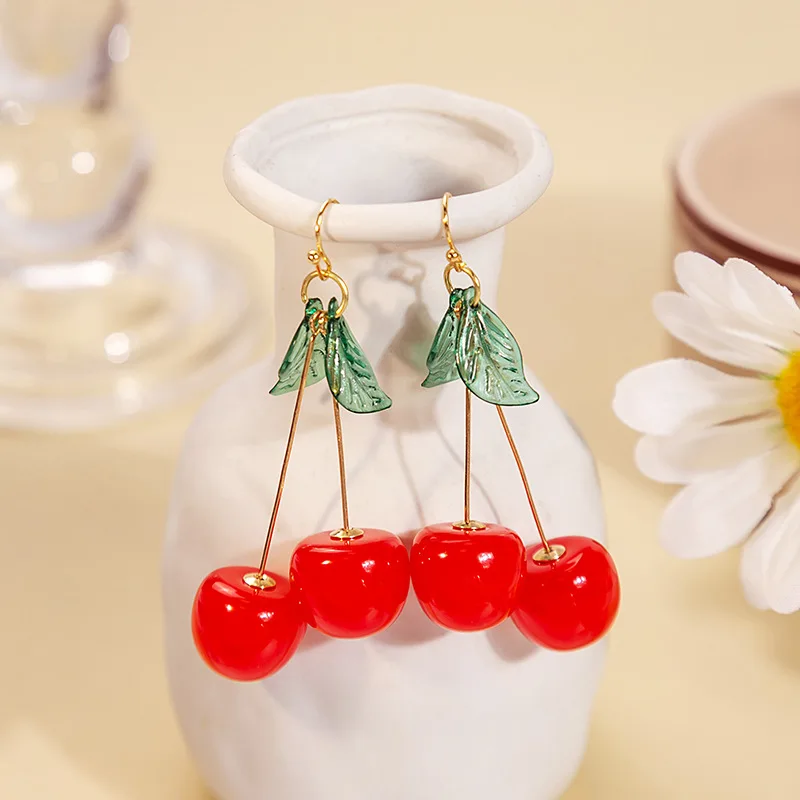 3D Cherry Dangle Earrings vivid Fruit Sweet Jewelry for Women - 3*7cm -Gold Plated Cherry Tassel Dangle Drop Earrings For Summer