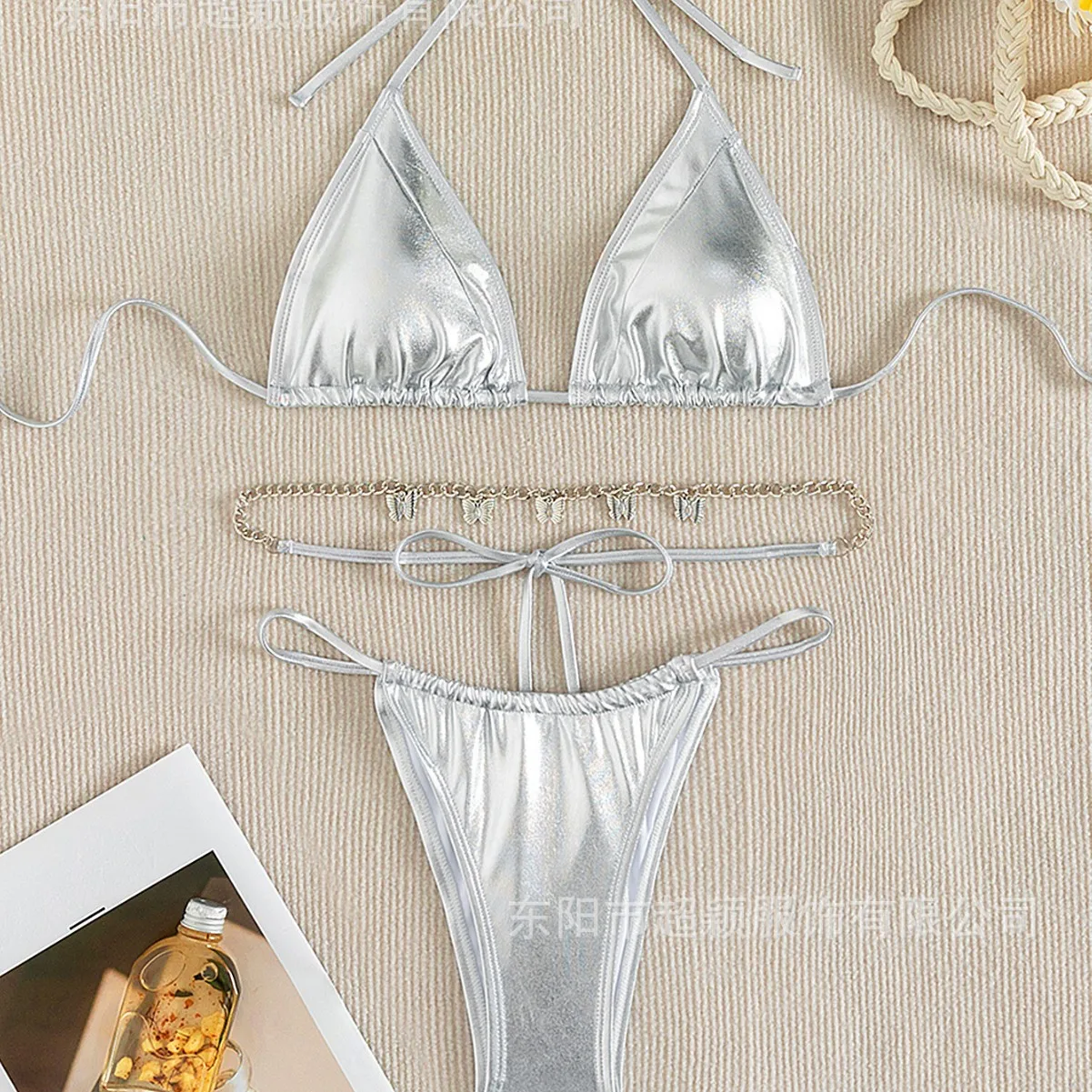 انقسام مثلث حقيبة بيكيني مثير الساخن الفضة بيكيني المرأة الخصر سلسلة فراشة ملابس السباحة الماس مجوهرات السباحة 2025 جديد