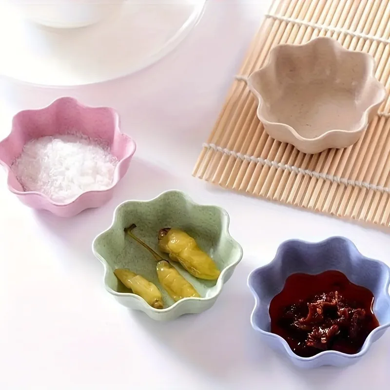 4pcs/set Set of Wheat Straw Relish Dishes - Mini Flower Shaped Sauce Bowls for Sushi Appetizers, Dipping Condiments
