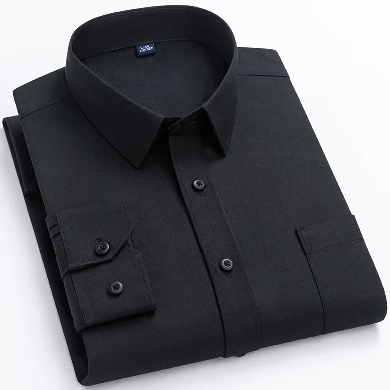 Camicia a maniche lunghe in cotone da uomo stile classico antirughe facile da pulire morbido Comfort tinta unita nero Business Casual da uomo Wear