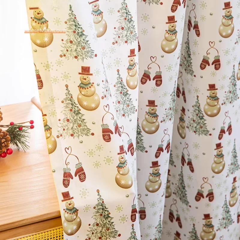 Christmas New Year snowman printed curtains American style fresh holiday living room bedroom New Year blackout sweet curtains