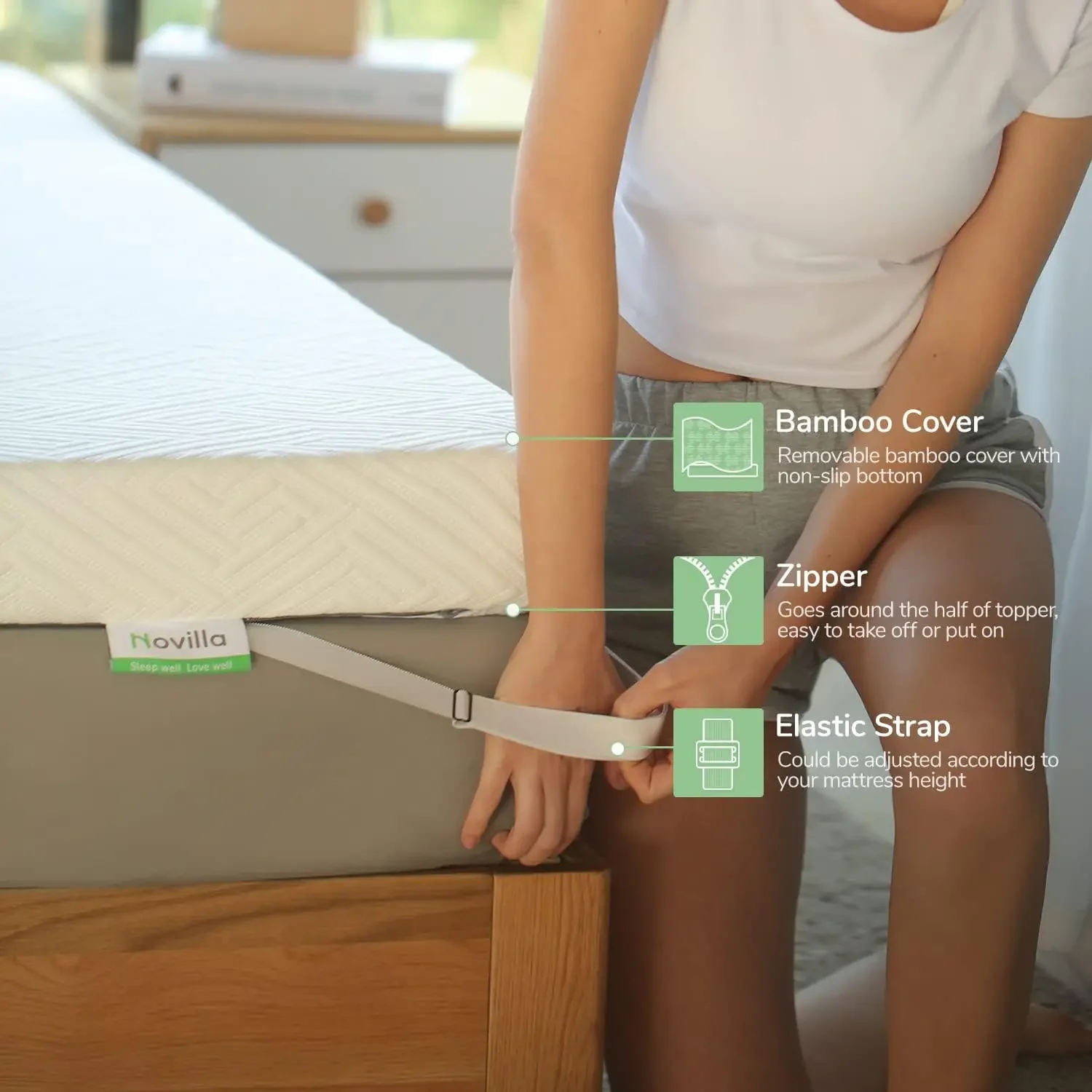 مرتبة علوية من إسفنج الذاكرة المبردة قابلة للتنفس مقاس 4 بوصات، حقن فحم جل وخيزران باللون الأبيض بالكامل لعزل الحركة