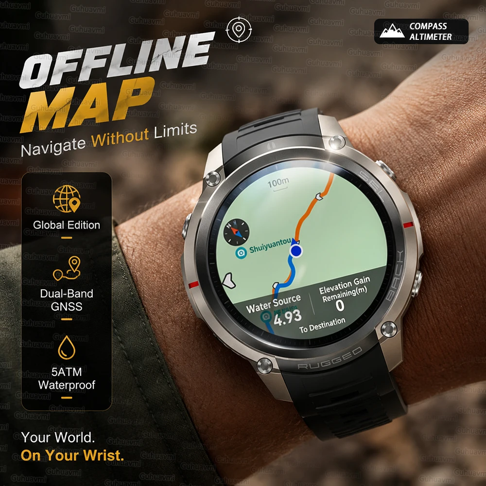 

Outdoor Offline Map Adventure Smart Watch With GPS Navigation Dual-Band GNSS Compass 5ATM Waterproof Military Sports Watch Men