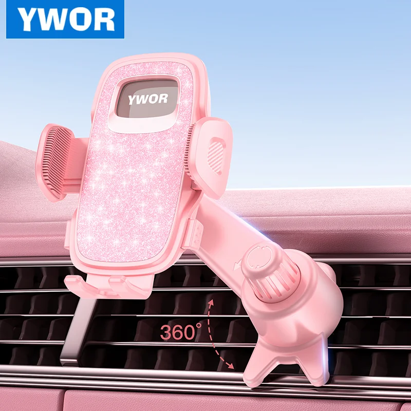 YWOR PINK Car Vent Phone Mount, [Never Blocking Vent, Enjoy The Comfort of The A/C] Hands-Free Universal Extension Clip Air Phon