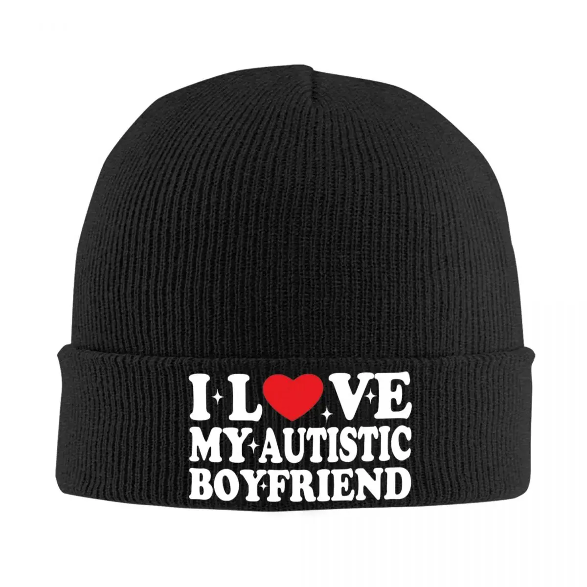 I Love My Autistic Boyfriend Beanie Hats I Heart My Autistic BF Knit Hat Kpop Elastic Adult Caps Design Street Bonnet Hats