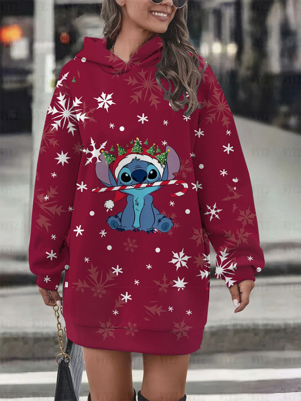 Christmas Disney Stitch print autumn and winter new women\'s hoodie dress 2024 hot sale casual chic sweatshirt dress