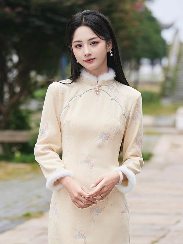 

Stunning New Chinese Sle Thiened Fce Long Sve Mid-Length Dr Low Slit Daily Wear High-Quali Reversible