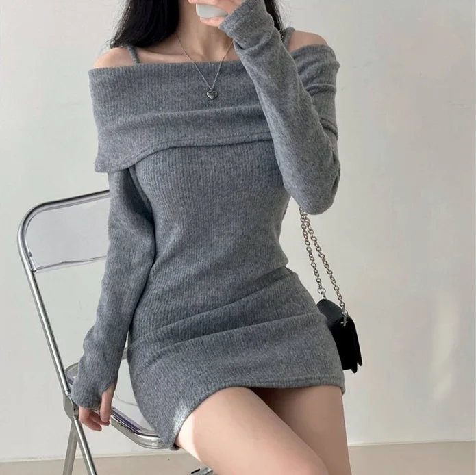 Vestido de punto de manga larga con hombros descubiertos para mujer, moda coreana, Mini vestidos simples sólidos, cuello de barco, Otoño e Invierno