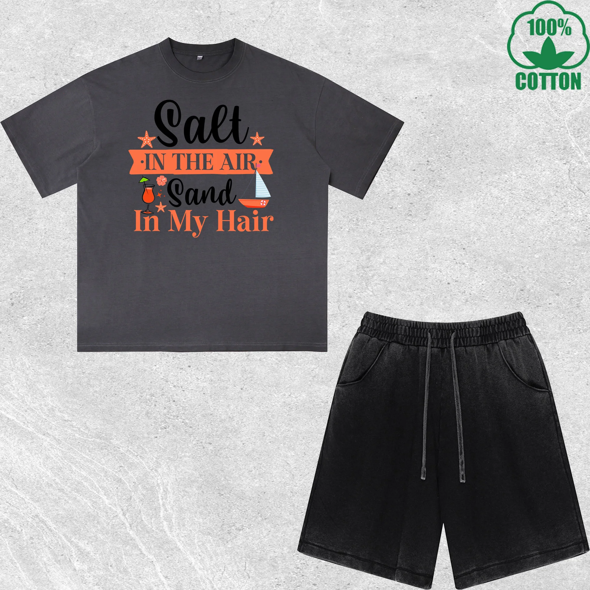 

Salt IN the Air Sand in My Hair Printed Dirty Wash T-Shirt Shorts Set Combo Loose Trendy Fashionable 100%Cotton Black Suit