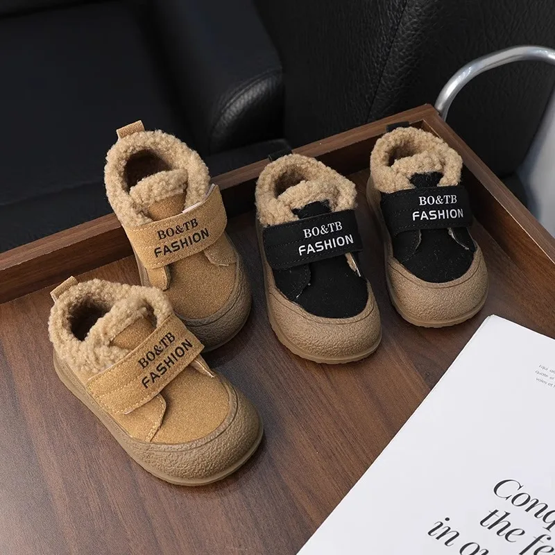 Boys Girls Faux Shearling Casual Shoes 2025 New Winter Toddler Fleece Lined Walking Shoes Soft Sole Versatile Kids Daily Wear