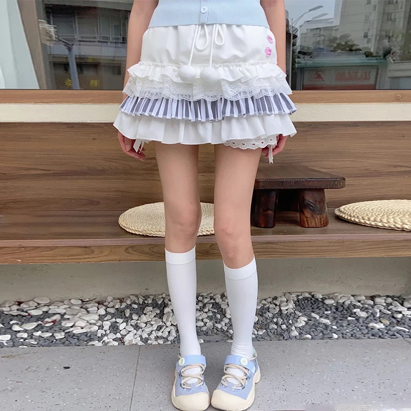 Japanese Sweet Cute Cake Skirt Summer 2024 Women White A Line Mini Skikrts Kawaii Harajuku Y2k Casual 2000s Lace Short Skirt