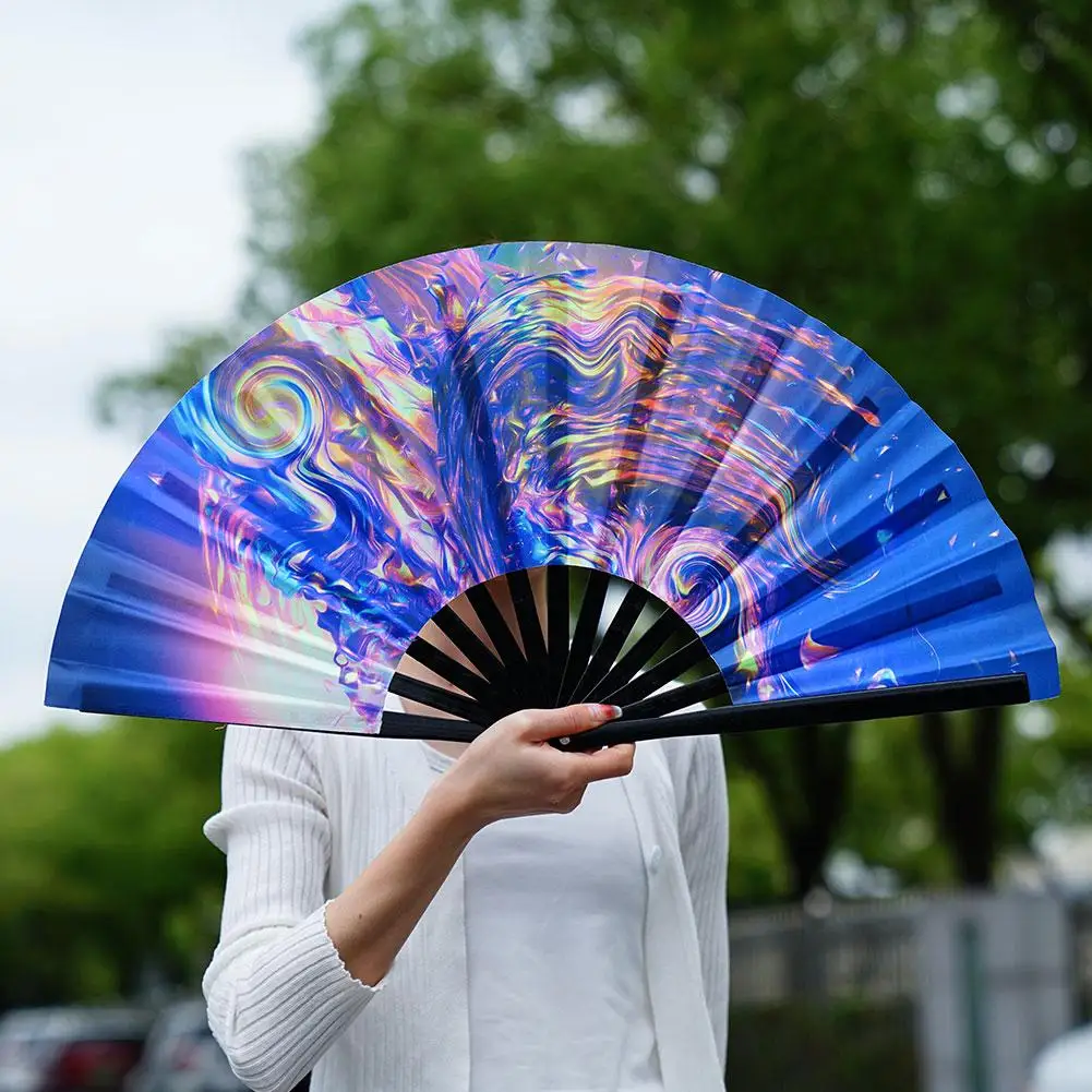 Abanico de mano grande y plegable para Rave, Chinease, gradiente japonés, colorido, reflectante, regalo para Festival de música y baile, 33cm