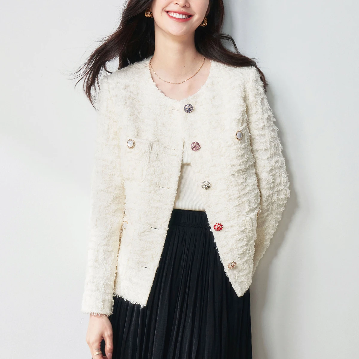 

Осенняя женская куртка с роскошной цветной пряжкой со стразами, модная шерстяная пряжа, элегантное ретро-темпераментное пальто, куртка