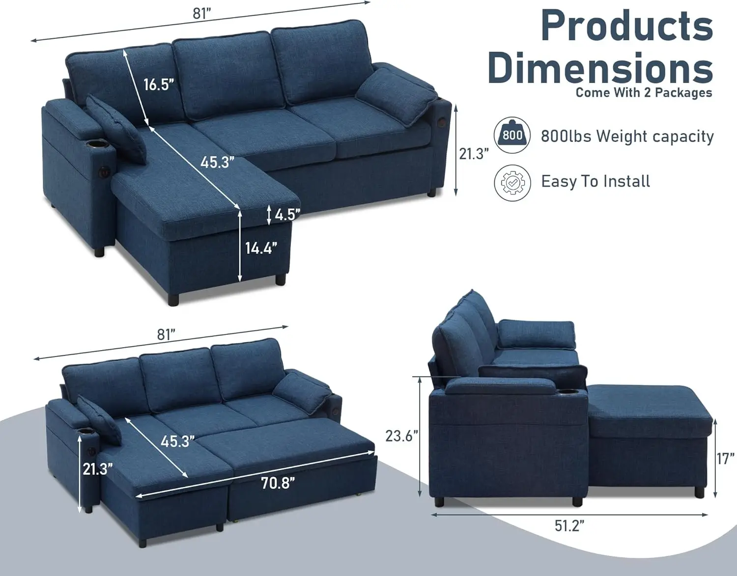 Sofa Bed Sleeper Pull Out 2 in 1 Sectional Sleeper Sofa Couches with Storage,USB, Cup Holder,Pullout Sectional Couches