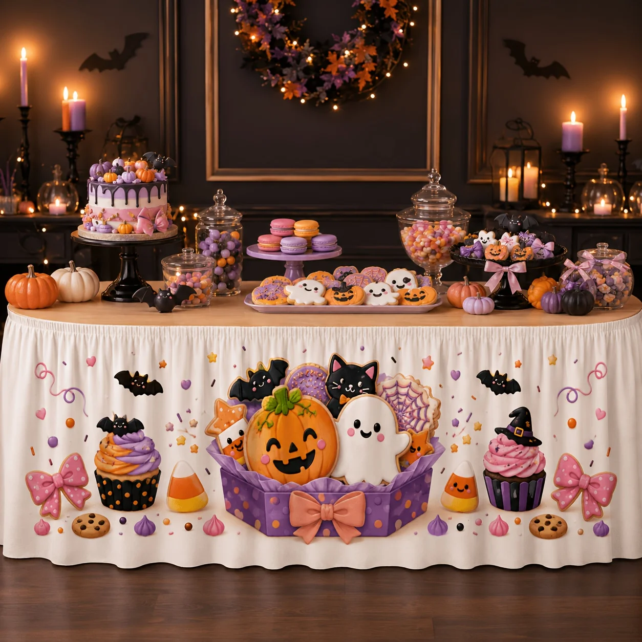 One tablecloth or table skirt. Polyester. Cute Halloween cookie box. Pumpkin, ghost, black cat, bat. Paper cupcake. Candy.