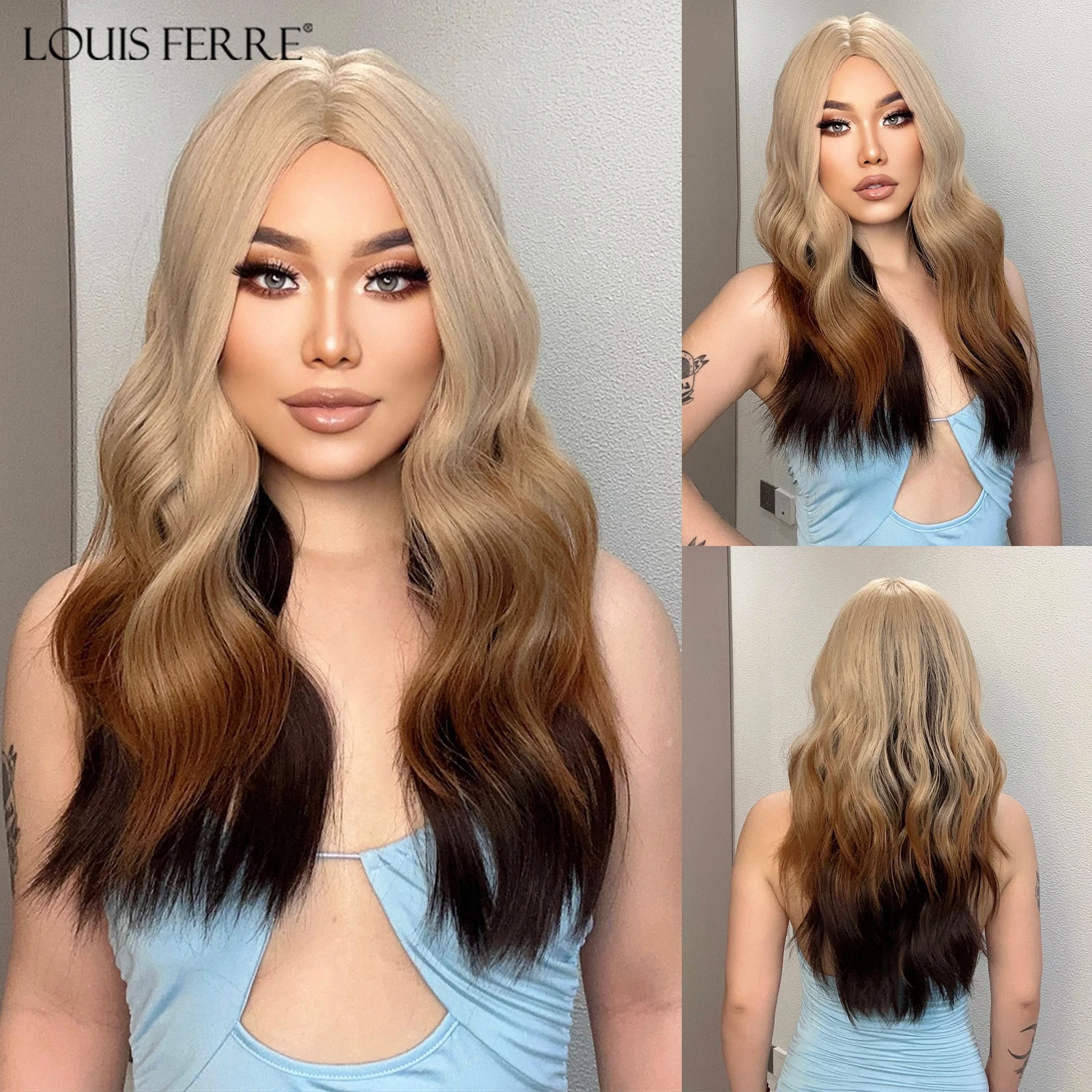 

LOUIS FERRE Long Ombre Blonde Synthetic Wig for Women Brown Highlight Wavy Natural Looking Wig Daily Cosplay Heat Resistant Hair