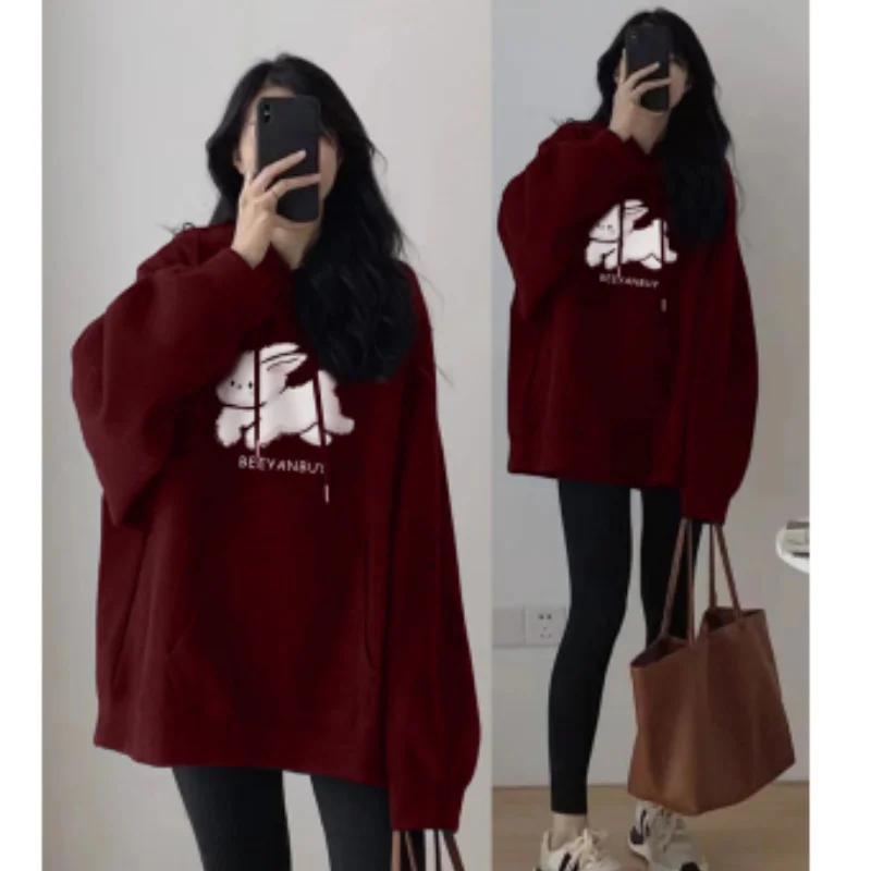 

Autumn Women Clothing Korean Fashion Baggy Pure Black Pullover Sweatshirt Rabbit Letter Print Raglan Sleeves Long Sleeves Hoodie
