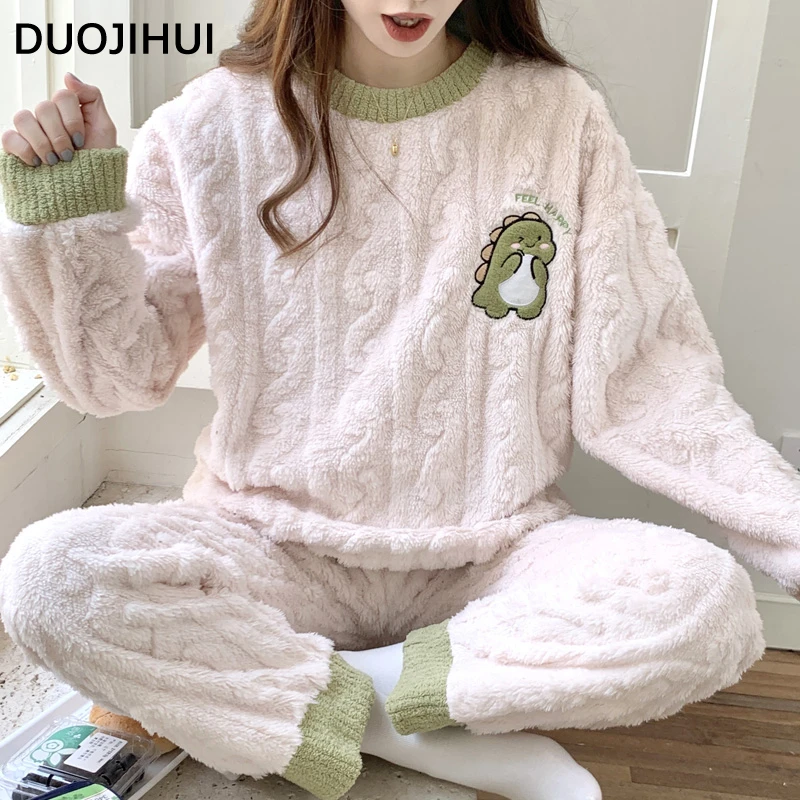 DUOJIHUI-pijama casual solto para mulheres, conjuntos de pijamas femininos, grosso quente, flanela macia, top simples com gola o, calça longa, moda, inverno