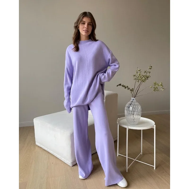 Elegant Casual Long Sleeve Pullover Sweater Top Loose Pants Suit Knitwear Outfits Autumn Winter Women Knitted Two Piece Set