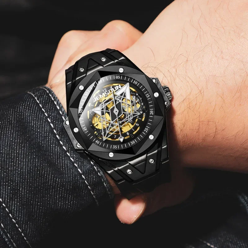 Fashion Men\'s Automatic Mechanical Watch Silicone Strap Waterproof Sports Watch for Men Stylish No Pointer Creative Gift Watches