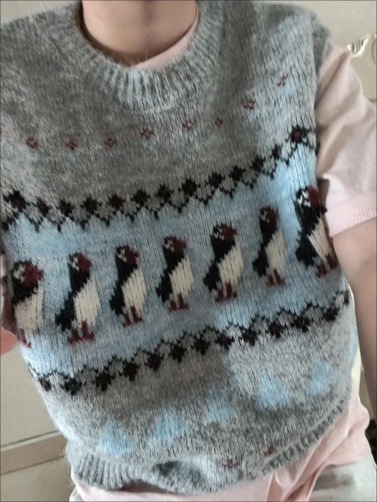 

Y2k Cute Jacquard Knitted Vest Women Autumn Winter Round Neck Overlap Sleeveless Sweater Korean Fashion Casual Pullover