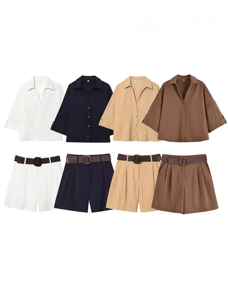 

HH Women's Summer Shorts Suit Turn-Down Collar Single-Breasted Shirts+Mid Waist Belt Pocket Decoration Zipper Casual Shorts