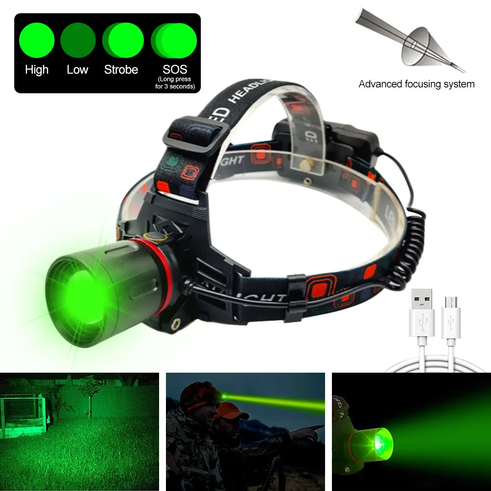 1000LM Zoomable Headlamp Green/Red Hunting HeadLight Outdoor Waterproof Headlight USB Rechargeable Camping Hiking Head Lamp