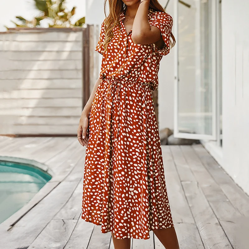 Summer Dresses for Women Polka Dot Printing Dress With Buttons Short Sleeves Drawstring High Waist Dress Vestidos