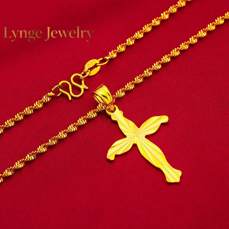 Collar de Oro 24K AU999 con Cruz y Onda de Agua para Mujer de Lynge Jewelry - Oro premium, cruz para protección, onda para suavidad, se adapta a todos los estilos